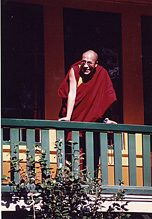 HH Dalai Lama overlooking the Temple grounds, 1980 photo by Shogen Rai