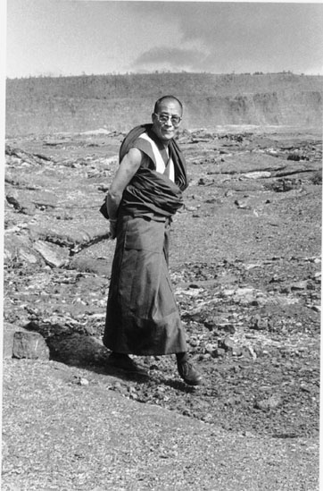 HH the Dalai Lama at Kilauea Volcano, October 1980 photo by Chiu Leong